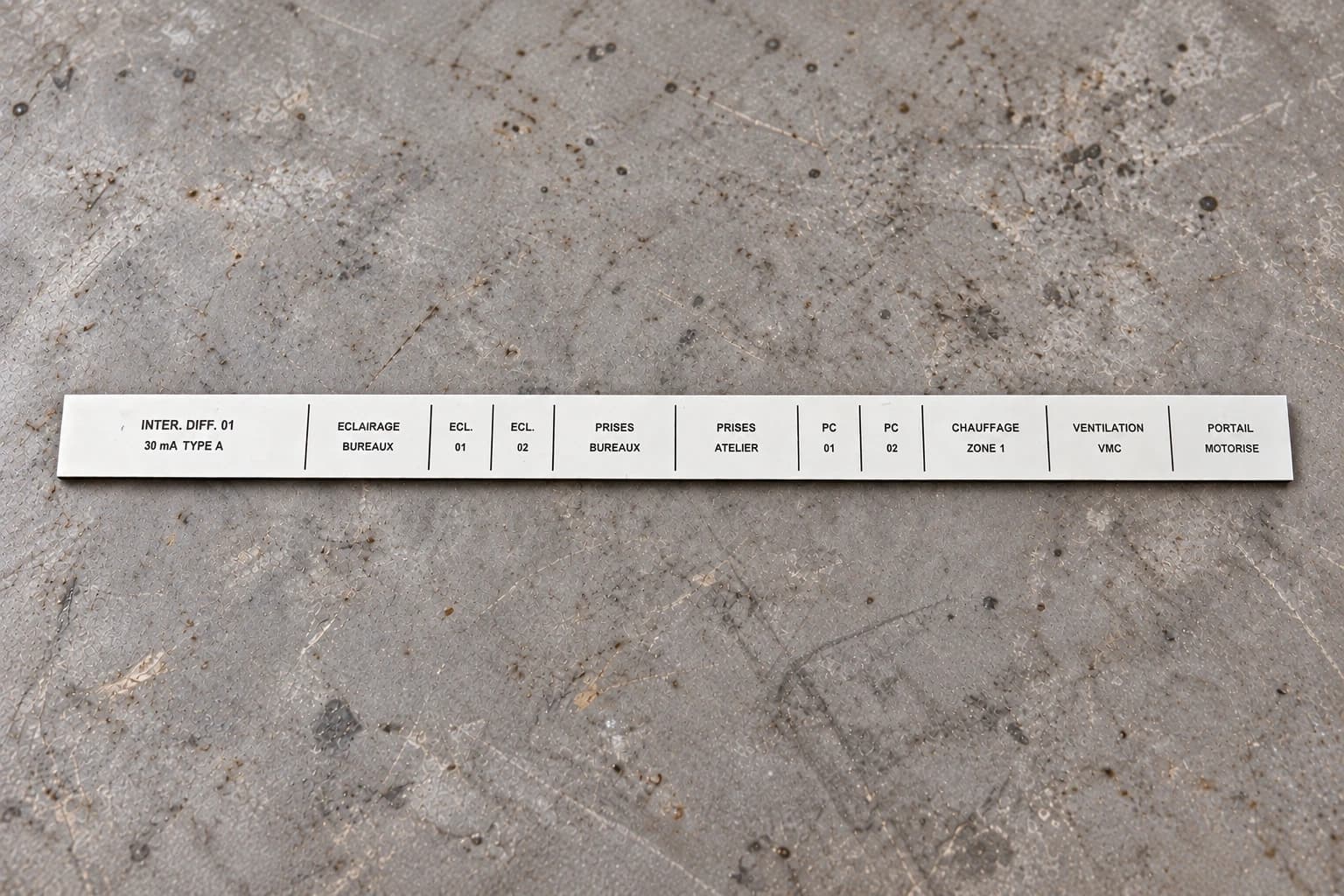 Bande blanche gravée pour tableau électrique, posée sur un établi sombre