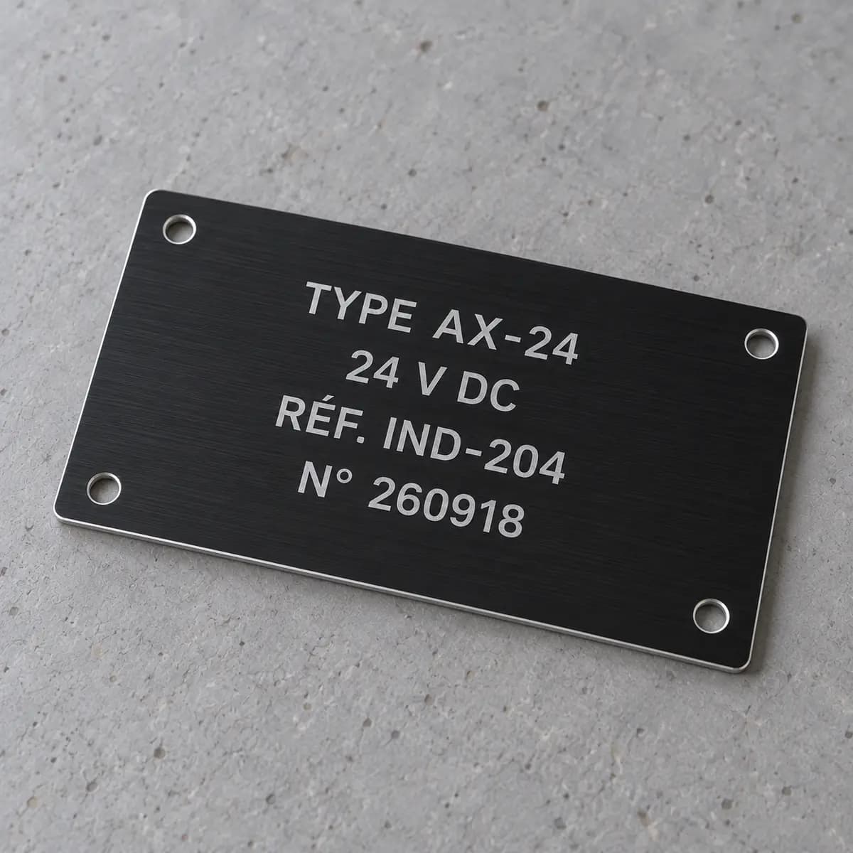 Plaque en aluminium anodisé noir marquée au laser