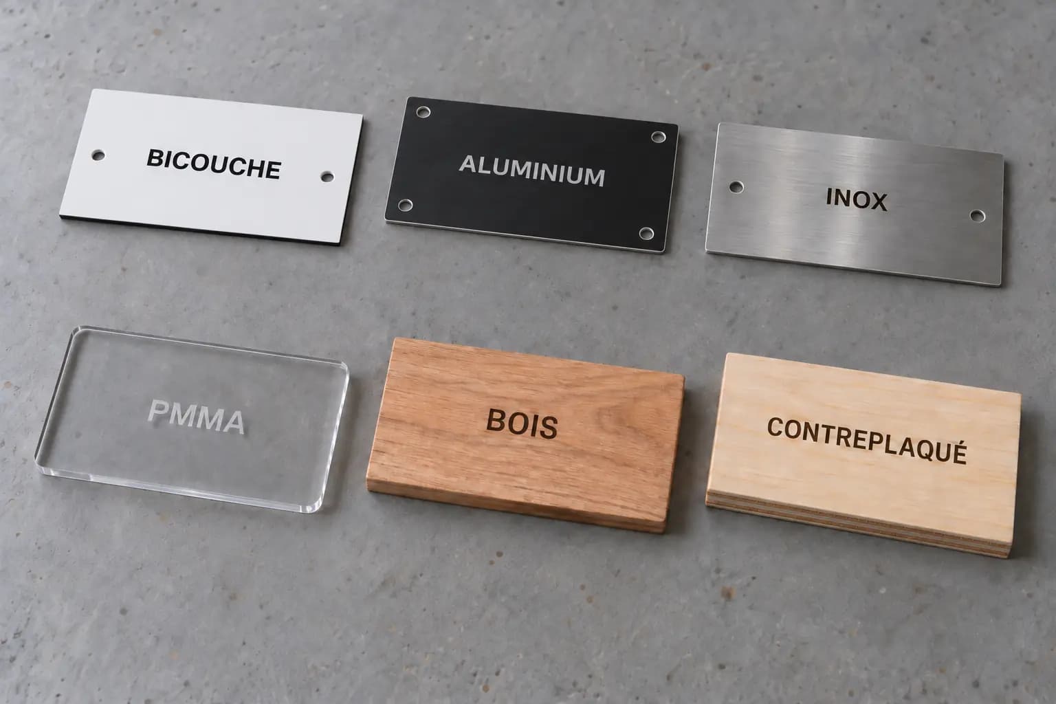 Échantillons gravés en bicouche, aluminium, inox, PMMA et bois