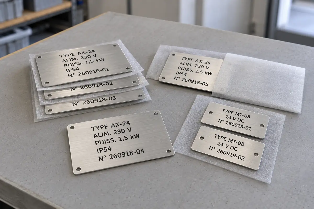 Lot de plaques constructeur en aluminium gravé avec numéros de série et perçages