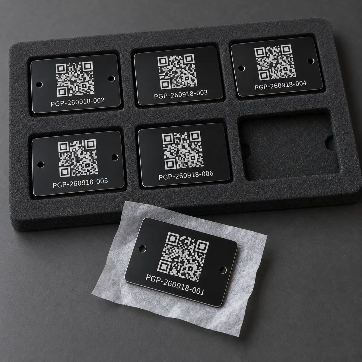 Lot de plaques noires gravées avec QR codes, numéros variables et perçages